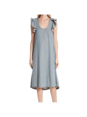 THE GREAT PETAL STRIPE CHAMBRAY RUFFLE SLEEVE GREY MIDI DRESS SZ XS